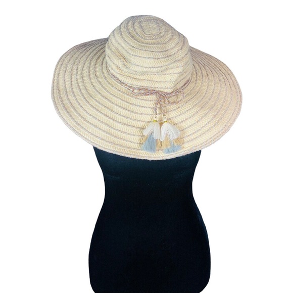 8992 Scala Collection Straw Sun Hat One Size Women tassel wide brim beach pool - Picture 1 of 4